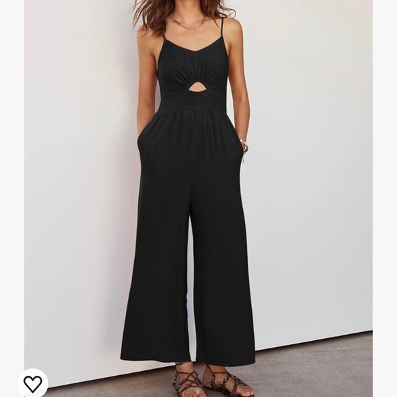 Black Linen Jumpsuit Cropped Wide Leg V-Neck Cut Out Romper Spaghetti Strap - Picture 1 of 9